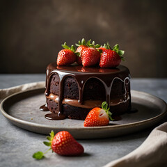A moist, dark chocolate cake drizzled with glossy chocolate glaze and garnished with juicy strawberries.