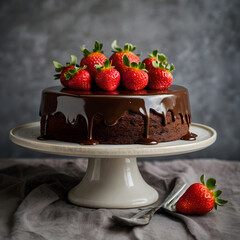 A decadent chocolate cake decorated with fresh strawberries, placed on an elegant cake stand.