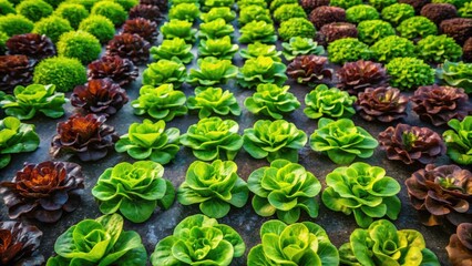 Rows of vibrant green and dark red lettuce plants cultivated in a controlled environment