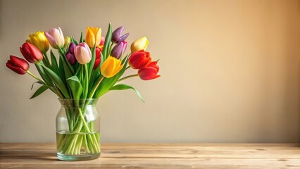 A vibrant bouquet of multicolored tulips arranged in a clear glass vase sits on a rustic wooden surface against a warm-toned background, creating a cheerful and inviting springtime scene.