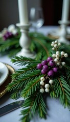 Decorated pine branches with purple and white berries adorn a festive table, winter, evergreen, festive