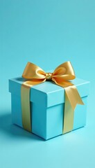 Decorative blue box with gold ribbon and bow on a light blue background, gift box, stationery