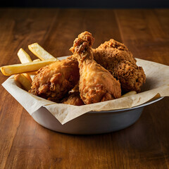 A serving of crunchy fried chicken with a side of crispy fries.