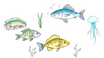 Naklejka premium Colorful Underwater Scene Fish Jellyfish Aquatic Plants