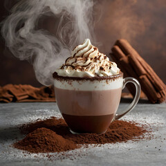  A comforting cup of hot chocolate with steam rising, surrounded by cocoa powder and cinnamon.