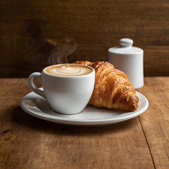 A cup of cappuccino served with a golden, flaky croissant on a rustic wooden table.