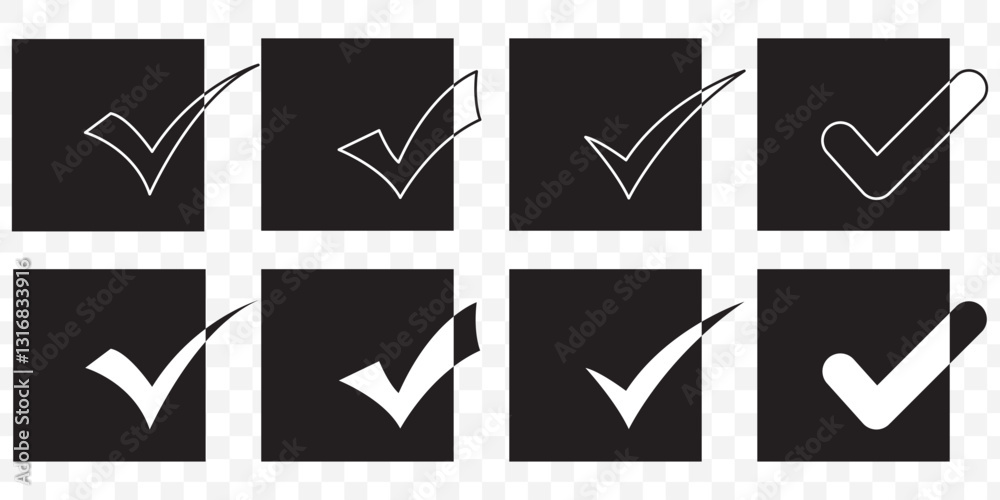 Poster check mark icon vector set. check box icon with right or yes checkmark icons. tick box, checkbox sym