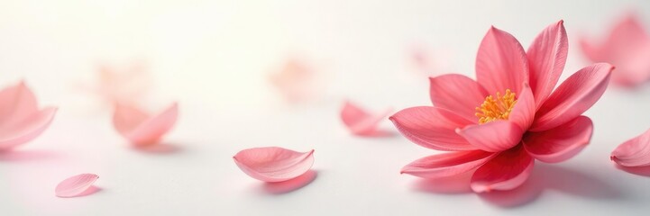 Fototapeta premium Delicate abstract flower petals in shades of red and white float on a soft white background, soft, subtle