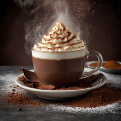 A rich, steamy cup of cocoa with cinnamon and whipped cream.