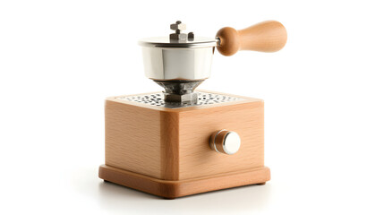 An antique coffee grinder with a wooden box and metal crank, shown on a clean white background