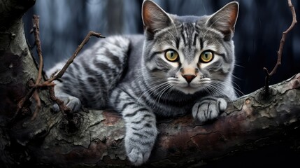 Obraz premium branch grey striped cat