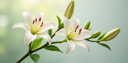 Fototapeta premium Delicate branch with intertwined lily stems and leaves, botanical, flora