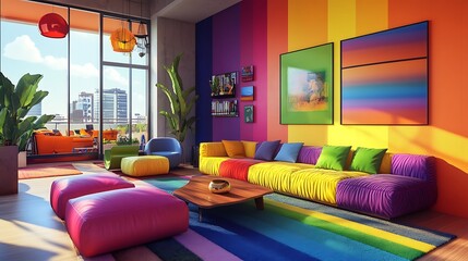 Colorful modern living room with rainbow wall, sofa, and rug.