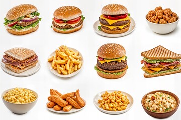 Fast food burgers fries sandwiches fried chicken nuggets macaroni dumplings hot dog crispy snacks grilled panini tasty meal delicious street food takeaway crunchy treats restaurant menu