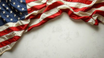 Obraz premium Flag of the United States displayed flat on a clean white surface, showcasing its vibrant colors and iconic design, emphasizing patriotism