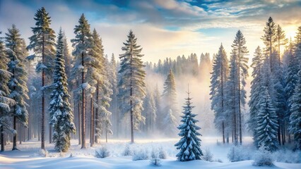 Obraz premium A snow-covered forest with tall pine trees and a misty atmosphere on a cold winter morning, evergreen trees, winter wonderland, cold winter morning