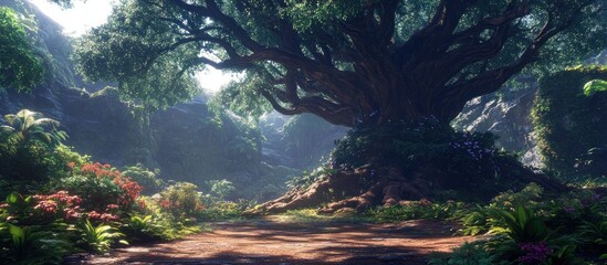 Enchanted Forest Path: A Digital Painting of a Lush Tropical Landscape