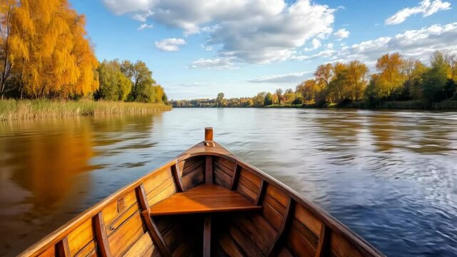 POV boat trip on a wide calm river. AI-generated item
