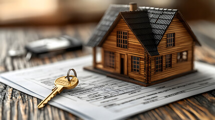 Insurance policy document on a table with a key and a wooden house model