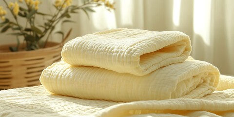 Soft towels folded on bed, sunlight