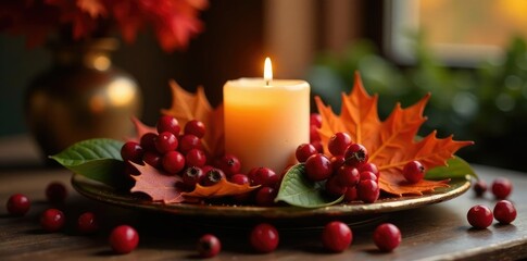 Dogwood berries scattered around a candlelit centerpiece, fall, cozy, light