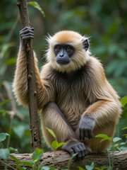 Obraz premium wildlife photography, authentic photo of a gibbon in natural habitat, taken with telephoto lenses, for relaxing animal wallpaper and more