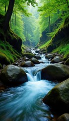 Dorrigo Blue Mountain stream with rocks and moss, stream, foliage