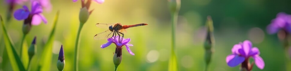 Dragonfly landings on purple irises in wet meadow, flower, dragonfly habitats © Sutasinee