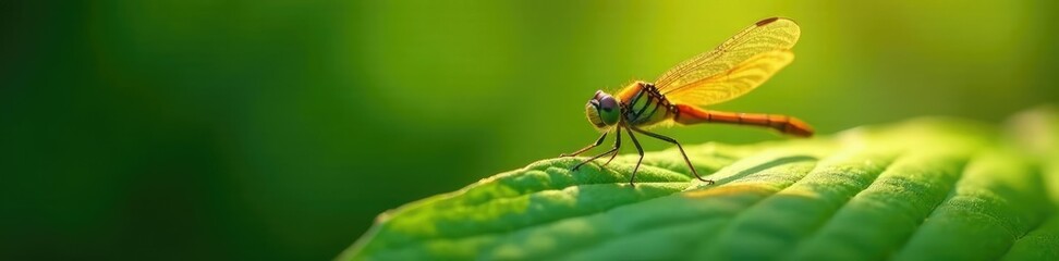 Dragonfly's body glistening in sunlight on a leaf surface,, nature