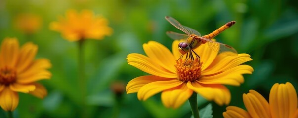 Dragonfly sipping nectar from a bright orange calendula, nature, greenery