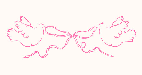 Hand drawn love illustration. Doves with ribbon bow in vector for invitations, stationery, design. Love clipart. Whimsical line drawings of wedding