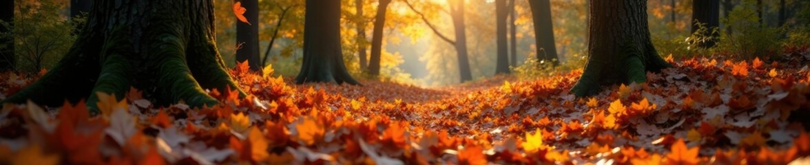 Forest floor covered in a layer of fallen leaves, leaf litter, autumn colors, trees
