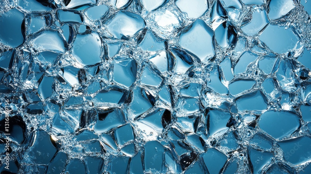 Poster Bright sunlight illuminates shards of crushed ice, creating an artistic display of sparkling textures and vibrant hues as the ice reflects the surrounding light in captivating patterns