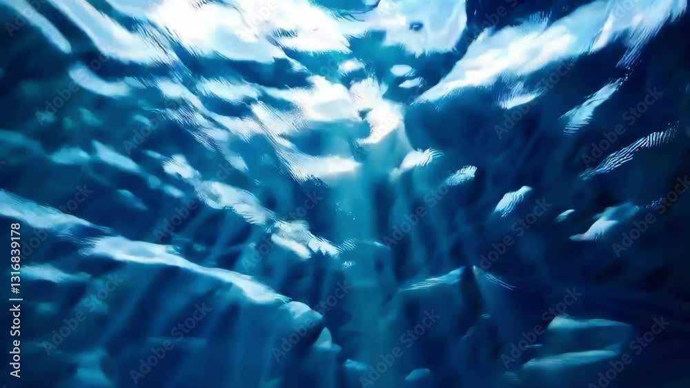Poster sunlight streaming through blue ocean water creating wave patterns, underwater world