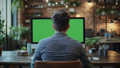 Man seated at desk, rear view, facing green screen computer.