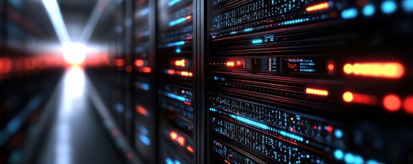 Fototapeta premium A detailed view of server racks illuminated by colorful lights, showcasing the complexity and technology of data centers.