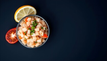 A Vibrant Ceviche Salad, A Refreshing Mix Of Diced Fish, Tomatoes, And Lemon, Served In A Glass Bowl Against A Dark Background