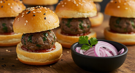 "A close-up of gourmet mini sliders served on a rustic wooden surface. The sliders consist of soft, golden-brown brioche buns topped with coarse salt and black sesame seeds, encasing juicy meatballs w