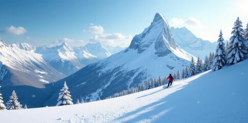 Freshly fallen snow covers the mountain landscape, skiing, natural wonder, peaceful atmosphere