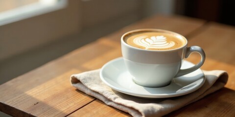 Obraz premium Morning sunlight illuminates a cup of aromatic latte art coffee, resting on a saucer atop a linen napkin placed on a wooden table