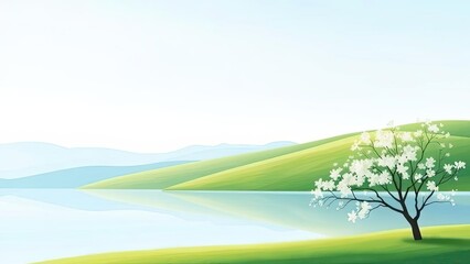 Obraz premium Serene Spring Landscape Blooming Tree by Calm Lake Rolling Hills