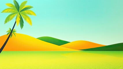 Tropical Paradise Palm Tree Yellow Hills Green Water Summer Landscape