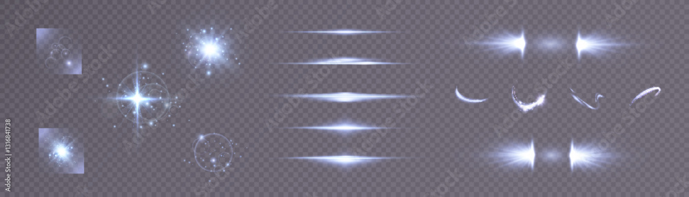 Poster set of light effects bright glowing light isolated on transparent background. bright flashes of glar