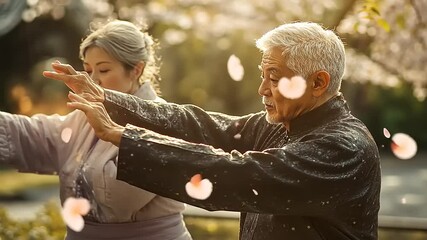 Elderly man and woman practicing Tai Chi under cherry blossoms in a serene garden setting - Powered by Adobe