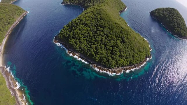 Verdant forest embracing Mljet island coastline revealing heart-shaped cove with turquoise waters against Croatian Adriatic backdrop