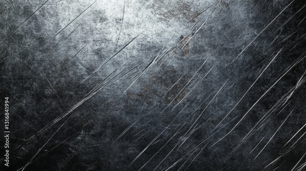 Poster A weathered metallic surface glimmers softly, displaying intricate patterns of scratches and marks. The play of light highlights its history and rugged beauty, evoking a sense of timelessness