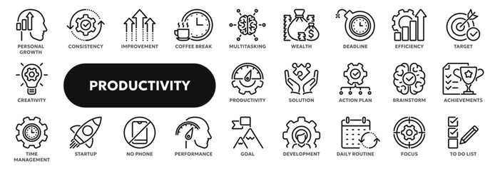 Set of vector line icons related to productivity and efficiency, personal growth and success, workflow performance. Symbols for website or app ui, logo design, illustration