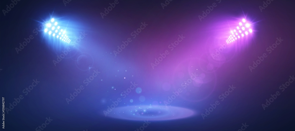 Aufkleber illuminated stage with bright spotlight lighting. pink and blue vector spotlight with effect on brig