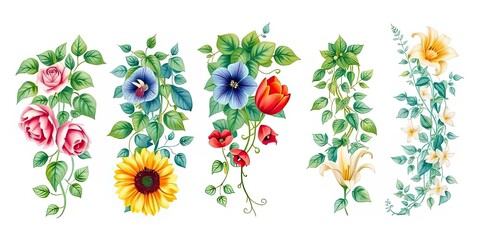 Vibrant Floral Arrangements Roses Sunflowers Tulips Lilies Pansies Botanical Illustrations