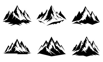 Obraz premium Six black and white mountain silhouette icons for design.